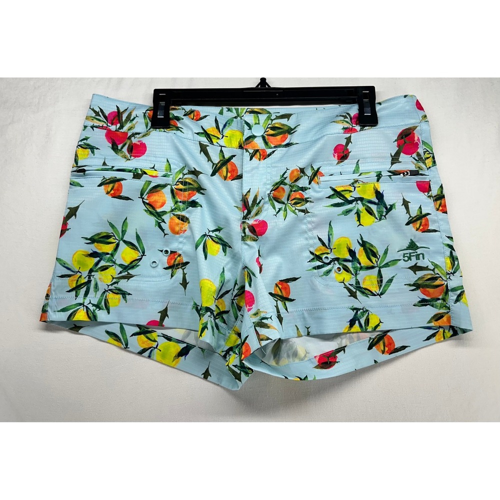 5Fin Womens Fishing Shorts Light Blue Citrus Fruit Print Ripstop Size 8